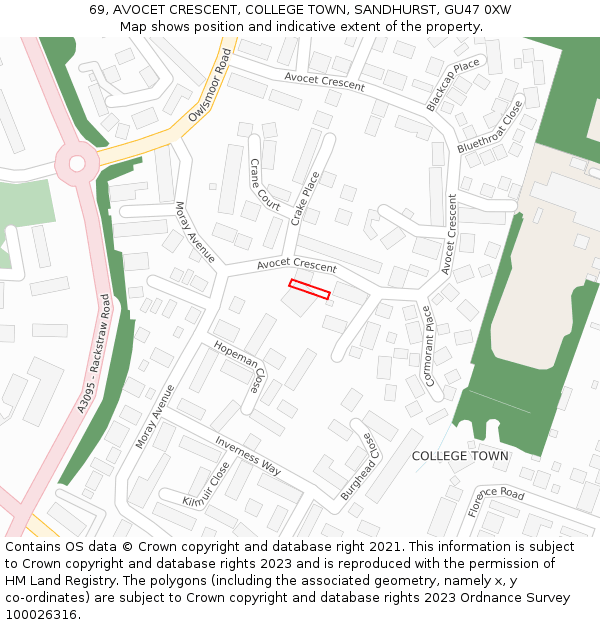 69, AVOCET CRESCENT, COLLEGE TOWN, SANDHURST, GU47 0XW: Location map and indicative extent of plot