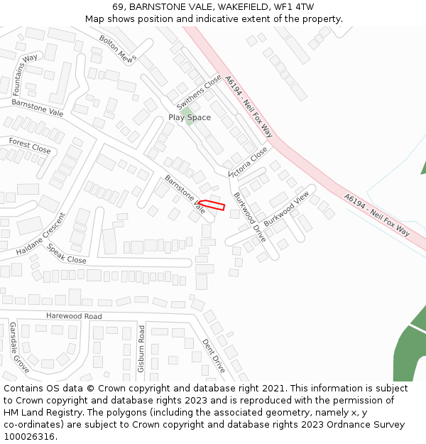 69, BARNSTONE VALE, WAKEFIELD, WF1 4TW: Location map and indicative extent of plot