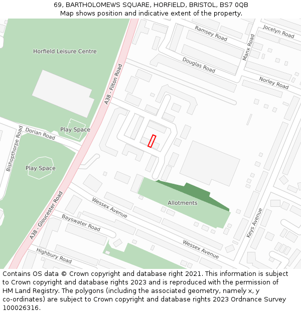 69, BARTHOLOMEWS SQUARE, HORFIELD, BRISTOL, BS7 0QB: Location map and indicative extent of plot