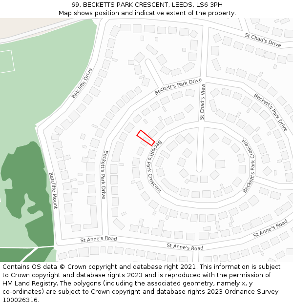 69, BECKETTS PARK CRESCENT, LEEDS, LS6 3PH: Location map and indicative extent of plot