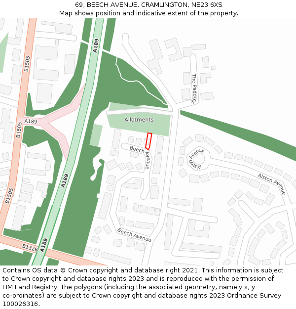 69, BEECH AVENUE, CRAMLINGTON, NE23 6XS: Location map and indicative extent of plot