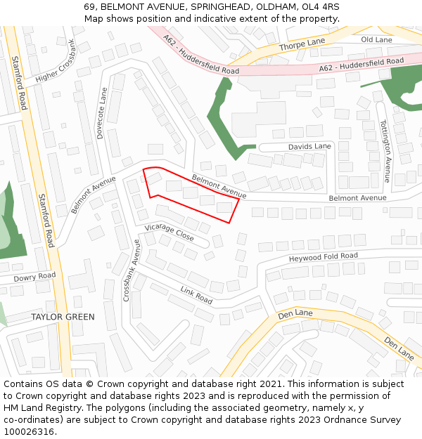 69, BELMONT AVENUE, SPRINGHEAD, OLDHAM, OL4 4RS: Location map and indicative extent of plot