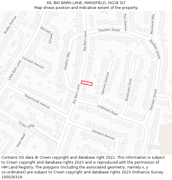 69, BIG BARN LANE, MANSFIELD, NG18 3LT: Location map and indicative extent of plot