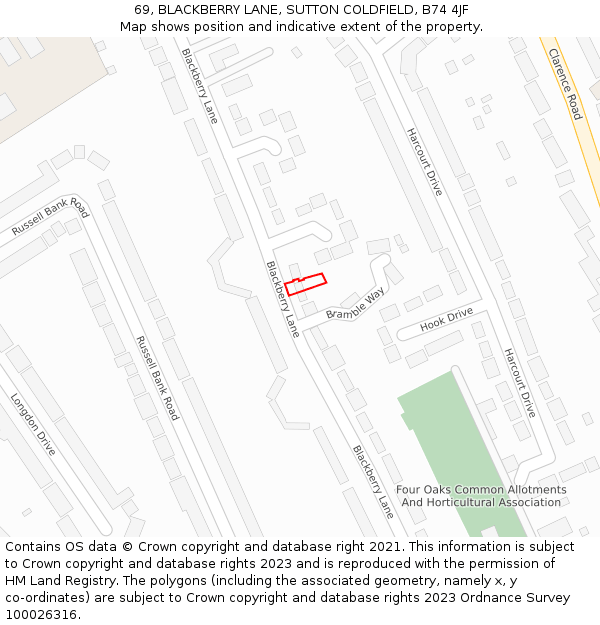 69, BLACKBERRY LANE, SUTTON COLDFIELD, B74 4JF: Location map and indicative extent of plot