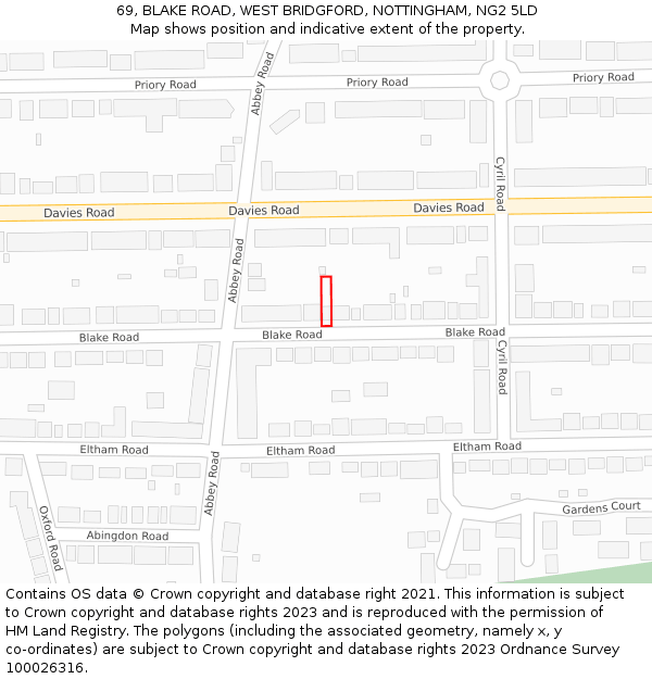 69, BLAKE ROAD, WEST BRIDGFORD, NOTTINGHAM, NG2 5LD: Location map and indicative extent of plot