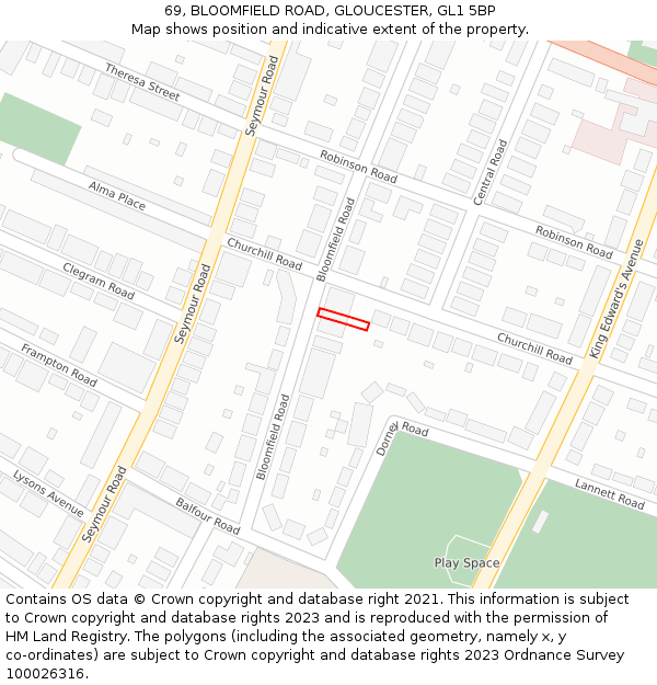 69, BLOOMFIELD ROAD, GLOUCESTER, GL1 5BP: Location map and indicative extent of plot