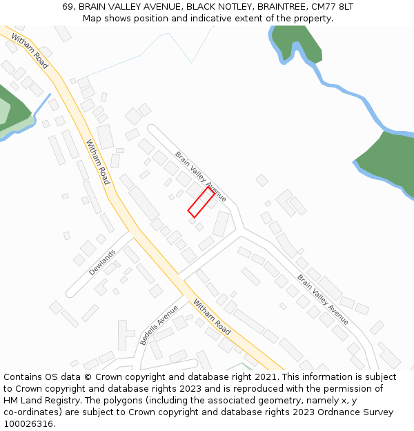 69, BRAIN VALLEY AVENUE, BLACK NOTLEY, BRAINTREE, CM77 8LT: Location map and indicative extent of plot