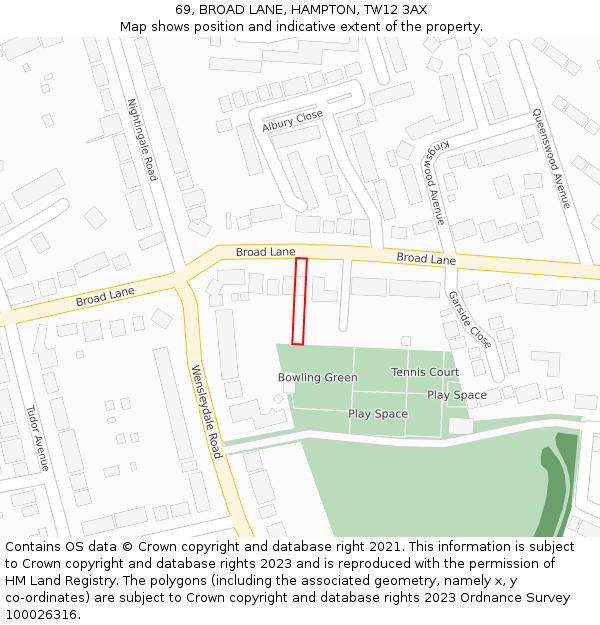 69, BROAD LANE, HAMPTON, TW12 3AX: Location map and indicative extent of plot