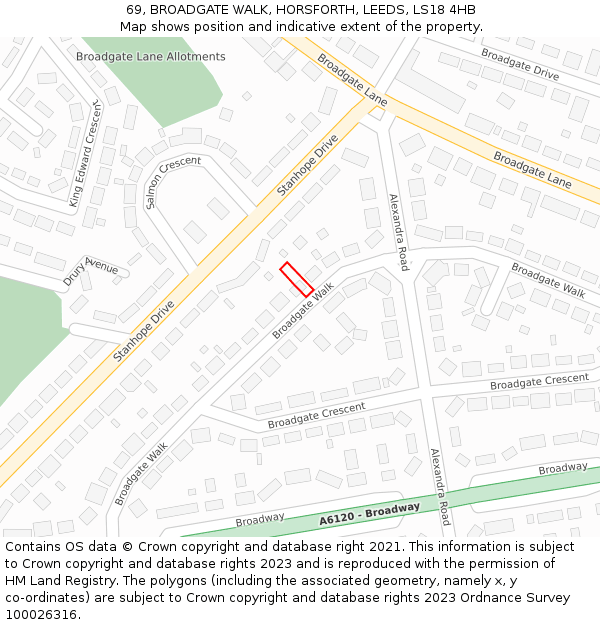 69, BROADGATE WALK, HORSFORTH, LEEDS, LS18 4HB: Location map and indicative extent of plot