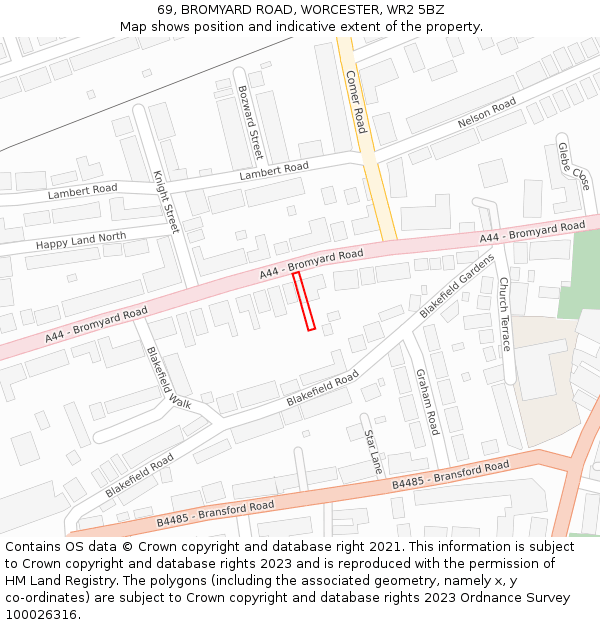 69, BROMYARD ROAD, WORCESTER, WR2 5BZ: Location map and indicative extent of plot