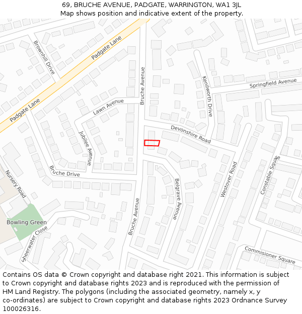 69, BRUCHE AVENUE, PADGATE, WARRINGTON, WA1 3JL: Location map and indicative extent of plot