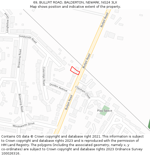 69, BULLPIT ROAD, BALDERTON, NEWARK, NG24 3LX: Location map and indicative extent of plot