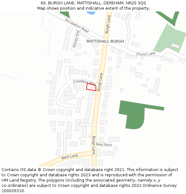 69, BURGH LANE, MATTISHALL, DEREHAM, NR20 3QS: Location map and indicative extent of plot