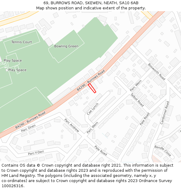 69, BURROWS ROAD, SKEWEN, NEATH, SA10 6AB: Location map and indicative extent of plot