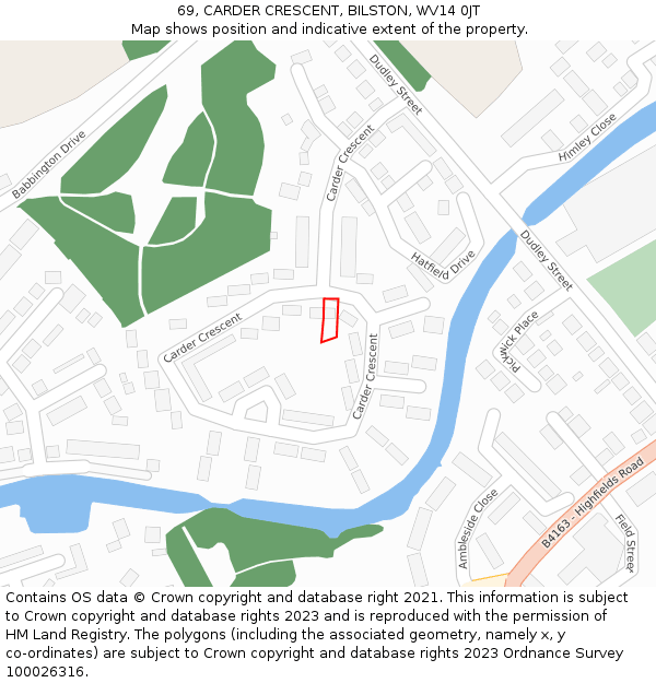 69, CARDER CRESCENT, BILSTON, WV14 0JT: Location map and indicative extent of plot