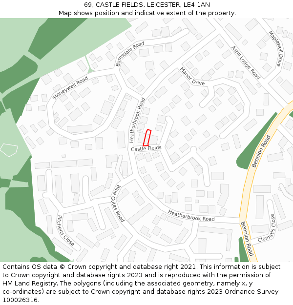 69, CASTLE FIELDS, LEICESTER, LE4 1AN: Location map and indicative extent of plot