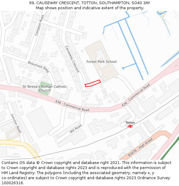 69, CAUSEWAY CRESCENT, TOTTON, SOUTHAMPTON, SO40 3AY: Location map and indicative extent of plot