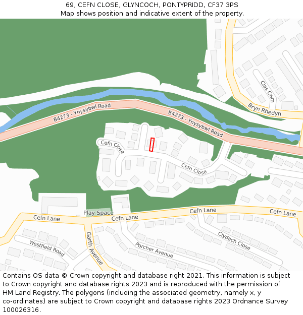 69, CEFN CLOSE, GLYNCOCH, PONTYPRIDD, CF37 3PS: Location map and indicative extent of plot
