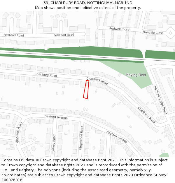 69, CHARLBURY ROAD, NOTTINGHAM, NG8 1ND: Location map and indicative extent of plot