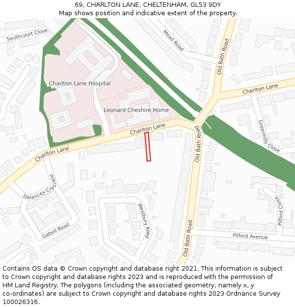 69, CHARLTON LANE, CHELTENHAM, GL53 9DY: Location map and indicative extent of plot