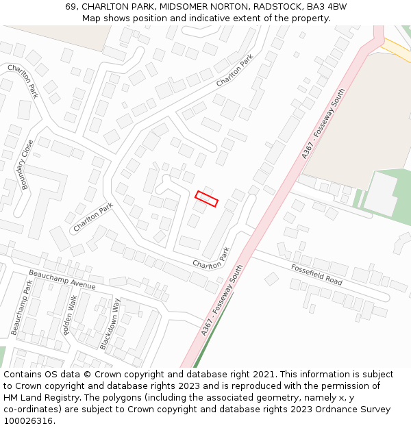 69, CHARLTON PARK, MIDSOMER NORTON, RADSTOCK, BA3 4BW: Location map and indicative extent of plot