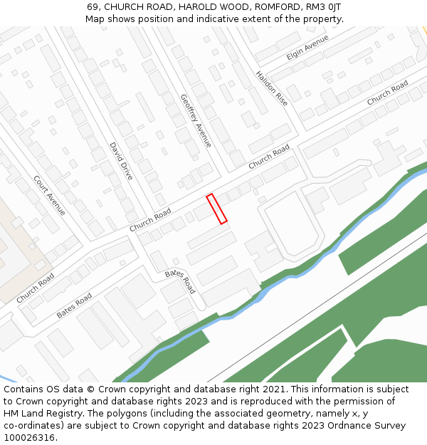 69, CHURCH ROAD, HAROLD WOOD, ROMFORD, RM3 0JT: Location map and indicative extent of plot