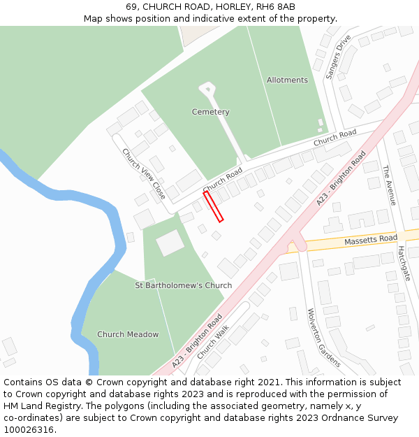 69, CHURCH ROAD, HORLEY, RH6 8AB: Location map and indicative extent of plot