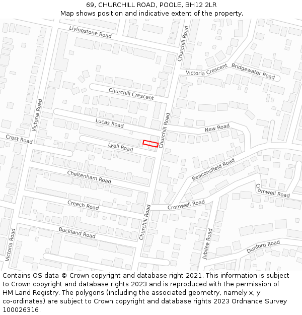 69, CHURCHILL ROAD, POOLE, BH12 2LR: Location map and indicative extent of plot