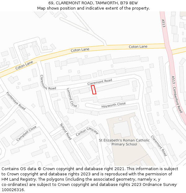 69, CLAREMONT ROAD, TAMWORTH, B79 8EW: Location map and indicative extent of plot