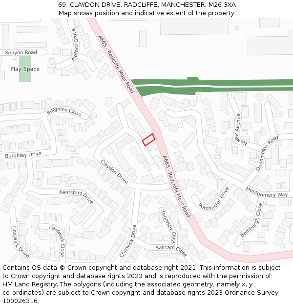 69, CLAYDON DRIVE, RADCLIFFE, MANCHESTER, M26 3XA: Location map and indicative extent of plot