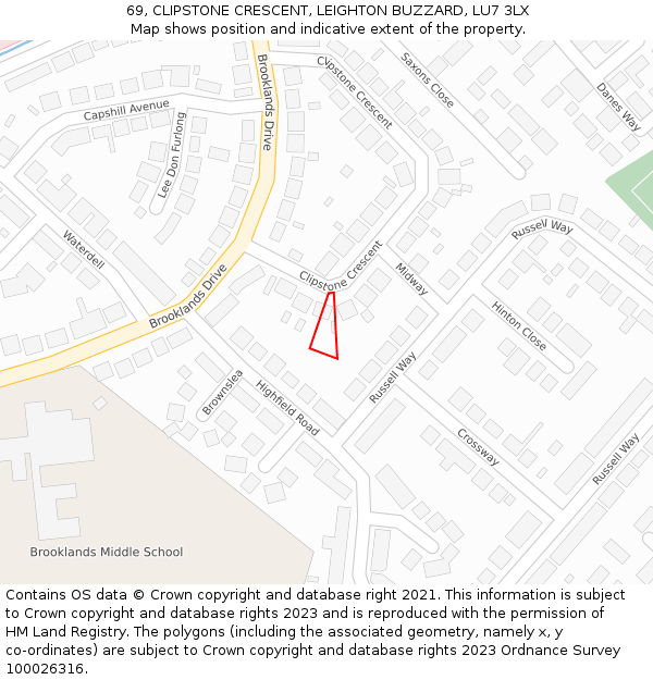 69, CLIPSTONE CRESCENT, LEIGHTON BUZZARD, LU7 3LX: Location map and indicative extent of plot