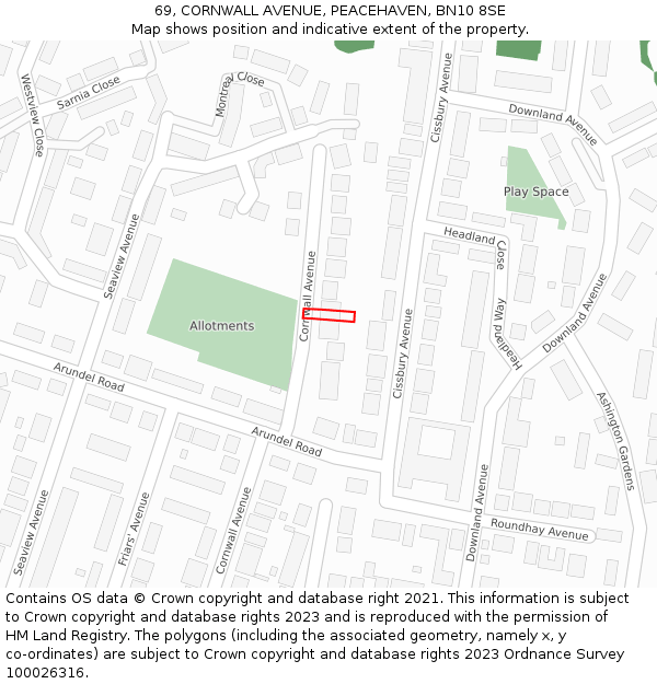 69, CORNWALL AVENUE, PEACEHAVEN, BN10 8SE: Location map and indicative extent of plot