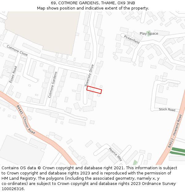 69, COTMORE GARDENS, THAME, OX9 3NB: Location map and indicative extent of plot