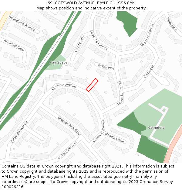 69, COTSWOLD AVENUE, RAYLEIGH, SS6 8AN: Location map and indicative extent of plot