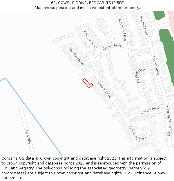 69, COWSLIP DRIVE, REDCAR, TS10 5BF: Location map and indicative extent of plot
