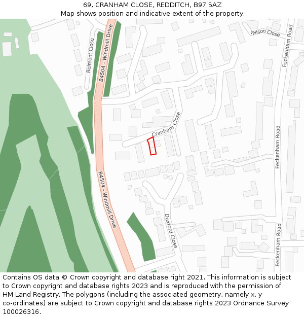 69, CRANHAM CLOSE, REDDITCH, B97 5AZ: Location map and indicative extent of plot