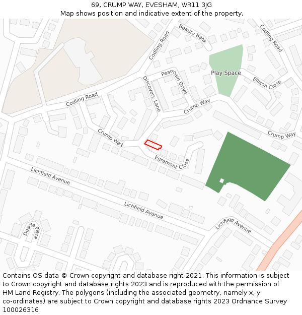 69, CRUMP WAY, EVESHAM, WR11 3JG: Location map and indicative extent of plot