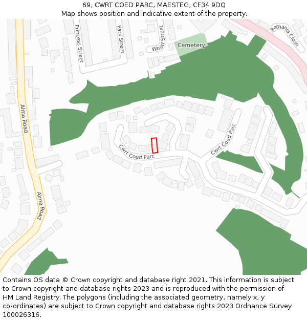 69, CWRT COED PARC, MAESTEG, CF34 9DQ: Location map and indicative extent of plot