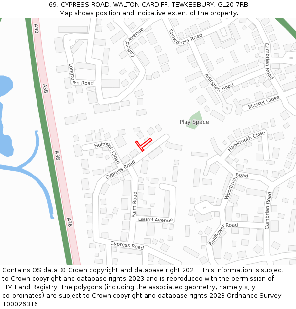 69, CYPRESS ROAD, WALTON CARDIFF, TEWKESBURY, GL20 7RB: Location map and indicative extent of plot