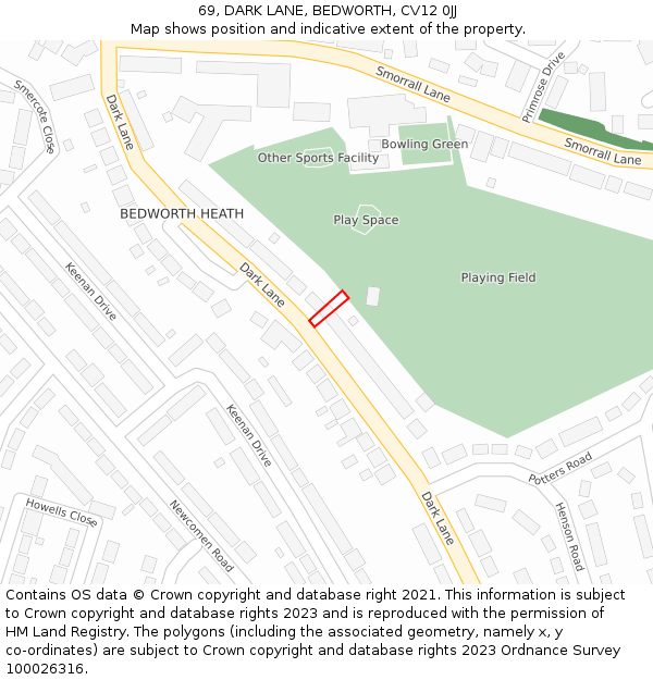 69, DARK LANE, BEDWORTH, CV12 0JJ: Location map and indicative extent of plot