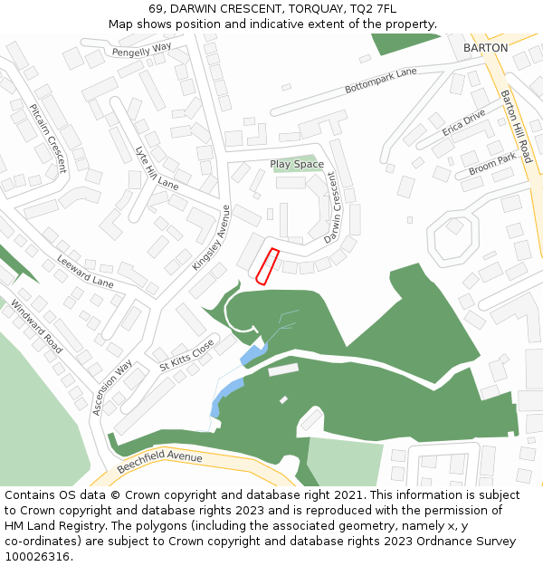 69, DARWIN CRESCENT, TORQUAY, TQ2 7FL: Location map and indicative extent of plot