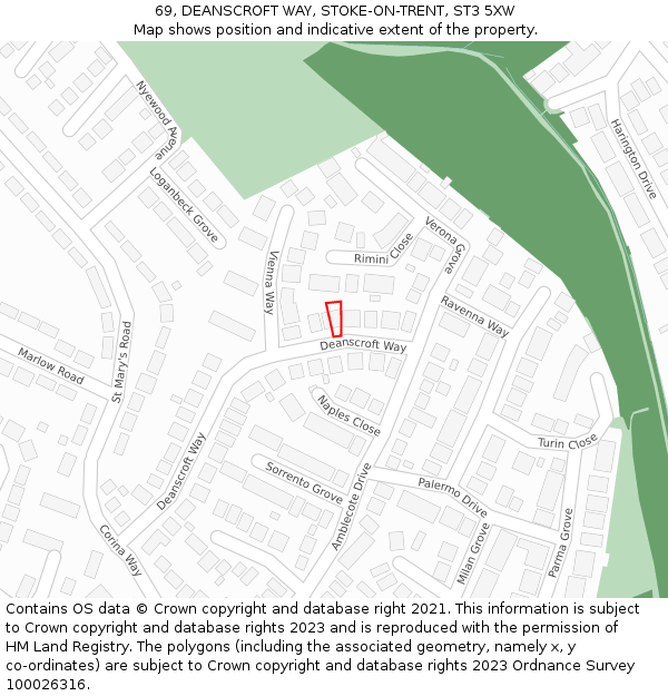 69, DEANSCROFT WAY, STOKE-ON-TRENT, ST3 5XW: Location map and indicative extent of plot