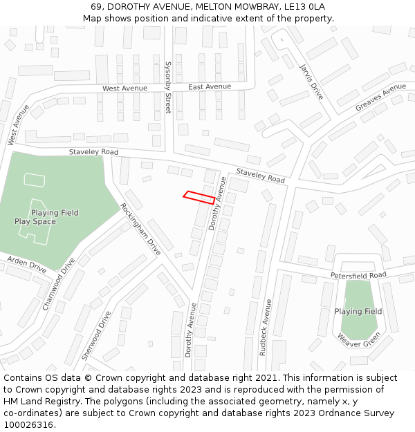 69, DOROTHY AVENUE, MELTON MOWBRAY, LE13 0LA: Location map and indicative extent of plot