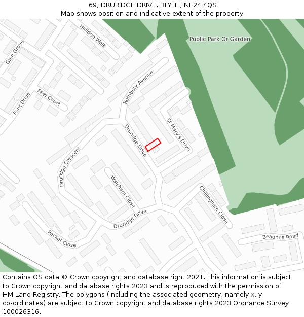 69, DRURIDGE DRIVE, BLYTH, NE24 4QS: Location map and indicative extent of plot