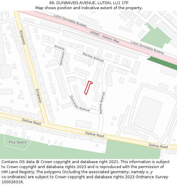 69, DUNRAVEN AVENUE, LUTON, LU1 1TP: Location map and indicative extent of plot