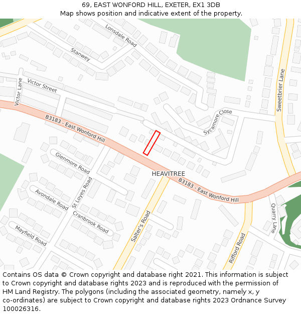 69, EAST WONFORD HILL, EXETER, EX1 3DB: Location map and indicative extent of plot