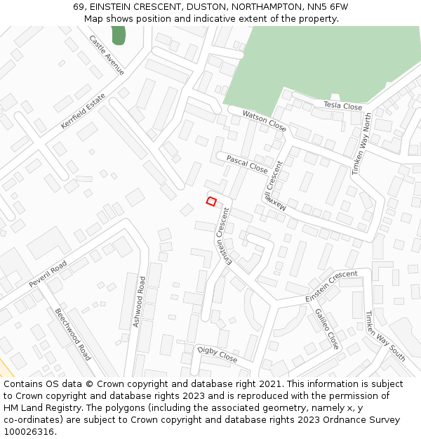 69, EINSTEIN CRESCENT, DUSTON, NORTHAMPTON, NN5 6FW: Location map and indicative extent of plot