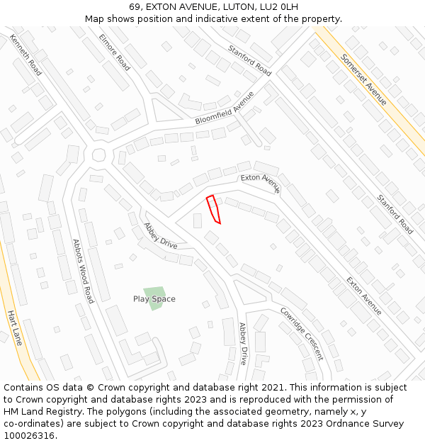 69, EXTON AVENUE, LUTON, LU2 0LH: Location map and indicative extent of plot