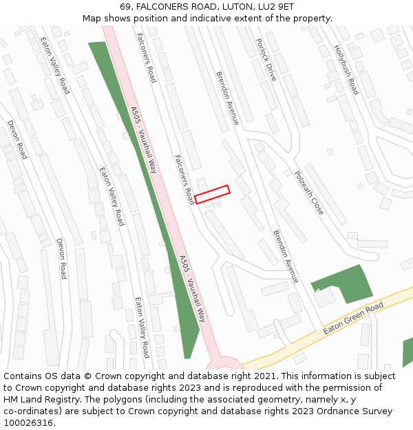 69, FALCONERS ROAD, LUTON, LU2 9ET: Location map and indicative extent of plot
