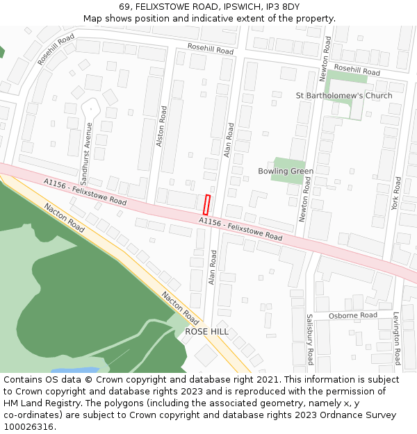 69, FELIXSTOWE ROAD, IPSWICH, IP3 8DY: Location map and indicative extent of plot